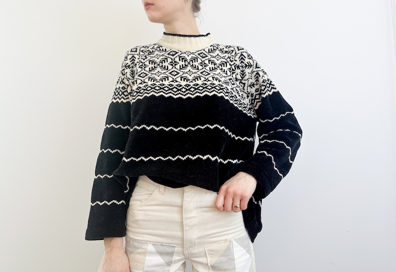 Vintage Chenille Sweater Black and White Snowflake Pattern Raglan Sleeve Erika & Co. image 1
