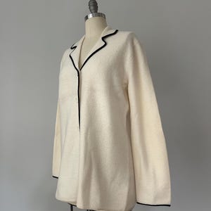 Vintage Josephine Chaus Cream Wool Jacket – Black Piped Trim, Made in Hong Kong, Minimalist Longline Knit Blazer image 20