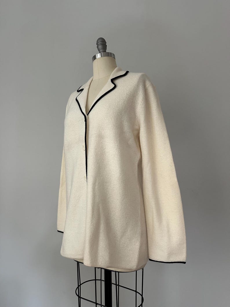 Vintage Josephine Chaus Cream Wool Jacket – Black Piped Trim, Made in Hong Kong, Minimalist Longline Knit Blazer image 20
