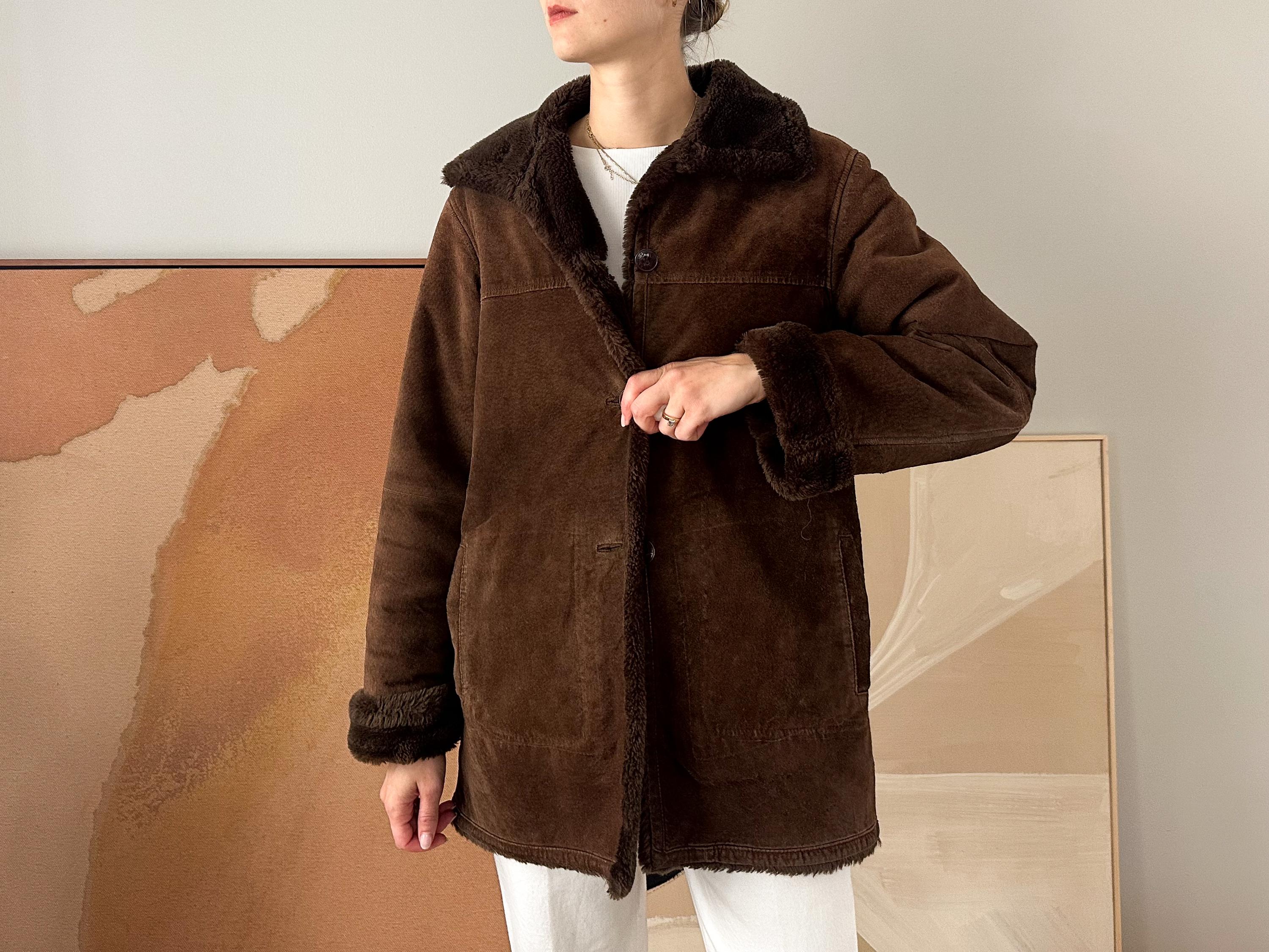 Vintage Brown Suede Shearling Coat - Jones New York Sport, Women's