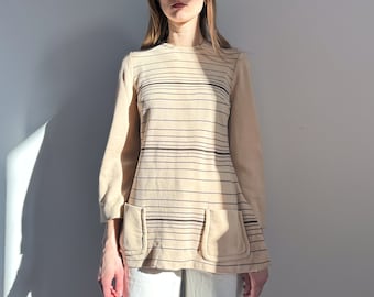 Vintage Beige and Black Stripe Top with Pockets | Designed Exclusively for Cabot | Pure Virgin Wool