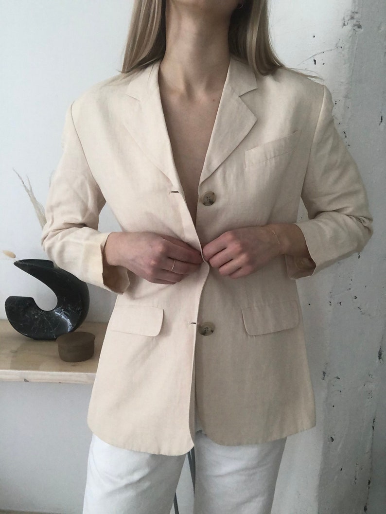 Blazer vintage en lin crème Veste ivoire en tweed Taille femme 4 Linge de maison rayonne Style minimaliste image 1