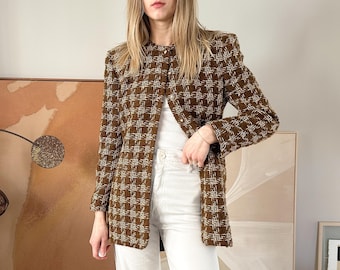 Vintage Jones New York Wool Blend Bouclé Jacket in Chestnut Plaid (Size 6)