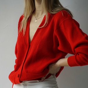 Vintage Red Button Cardigan Sweater | Japanese 80s Long Sleeve Sweater with Pockets
