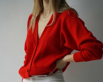 Vintage Red Button Cardigan Sweater | Japanese 80s Long Sleeve Sweater with Pockets