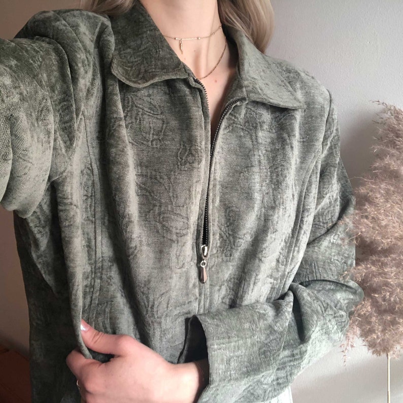 Sage Green Zipper Front Jacquard Blanket Style Jacket Vintage Green