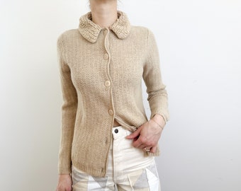 Woolrich Loop Yarn Collar Button Up Sweater | Light Camel Beige Soft Wool Fitted Cardigan