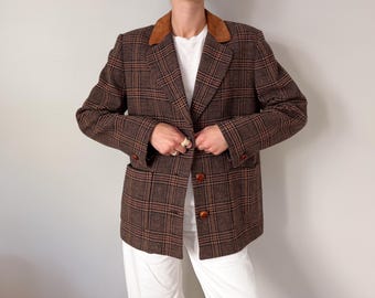 90s Equestrian Tweed Wool Plaid Blazer Benard Holtzman with Suede Collar Jacket