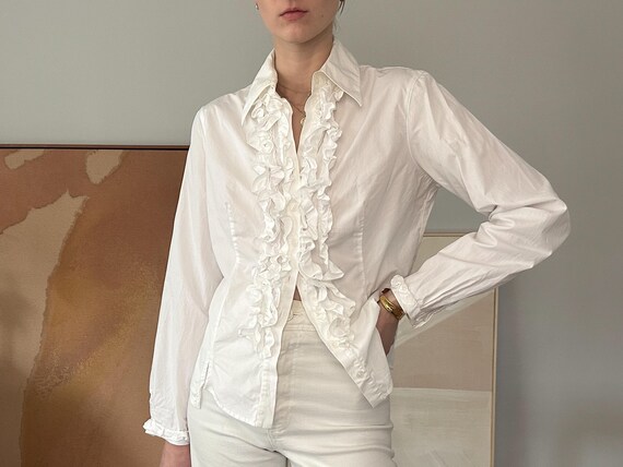 Anne Fontaine White Ruffle Shirt – French Designer Cotton Collared
