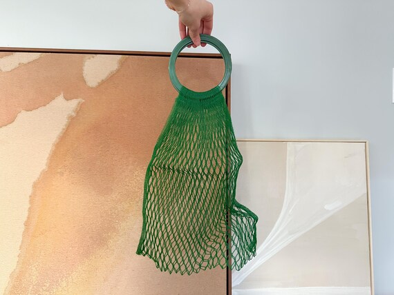 Green Mesh Net Market Bag with Circle Plastic Han… - image 3