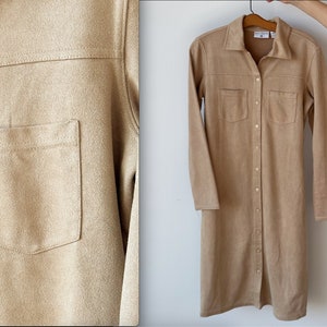 Vintage Kathy Ireland Dress | Beige Faux Suede Soft Drape Long Sleeve Collared Belted Button Up Dress