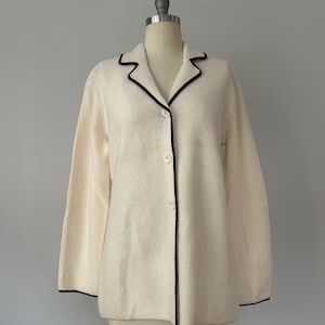 Vintage Josephine Chaus Cream Wool Jacket – Black Piped Trim, Made in Hong Kong, Minimalist Longline Knit Blazer image 16