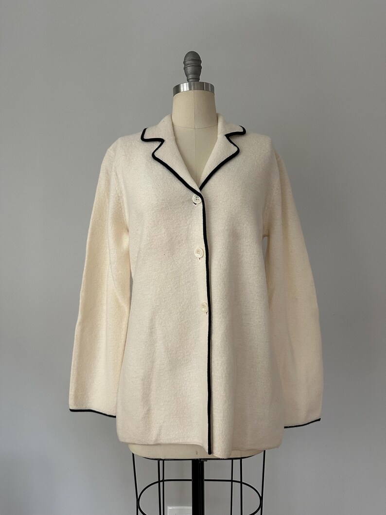 Vintage Josephine Chaus Cream Wool Jacket – Black Piped Trim, Made in Hong Kong, Minimalist Longline Knit Blazer image 16