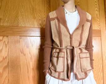 Vintage 1970s Belted Pieced Crochet Suede Jacket with Knit Sleeves and Collar | Camel Cognac Color