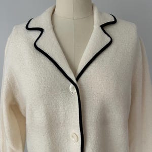 Vintage Josephine Chaus Cream Wool Jacket – Black Piped Trim, Made in Hong Kong, Minimalist Longline Knit Blazer image 19