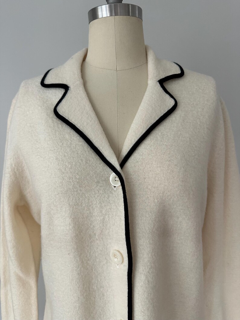 Vintage Josephine Chaus Cream Wool Jacket – Black Piped Trim, Made in Hong Kong, Minimalist Longline Knit Blazer image 19