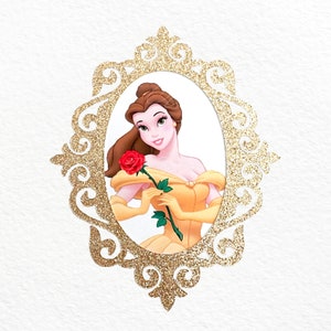 May include: A gold glitter frame with a decorative design surrounds a portrait of Belle from Beauty and the Beast. Belle is wearing a yellow dress and holding a red rose.