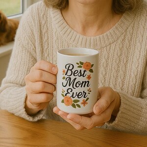 Note manuscrite - Mug Meilleure maman de tous les temps - Cadeau personnalisé pour la Fête des Mères | Tasse florale en céramique
