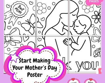 Mother’s Day Collaboration Poster Printable: Classroom Coloring Activity, Thank You Mom Poster, Group Art Project, Kids Craft PDF