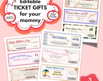 Mother’s Day Gift Voucher Printable, Editable Coupon Tickets for Mom, DIY Surprise Gift, Massage Dinner Getaway Coupon, Instant Download PDF