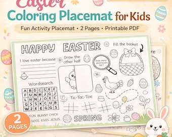 Easter Coloring Placemat for Kids Printable, Easter Activity Sheet, Bunny Egg Games, Word Search Maze Tic Tac Toe, Instant Download PDF