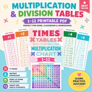 May include: A printable PDF set of multiplication and division tables featuring charts for numbers 1-12. The colorful educational resource includes individual times tables, a grid-style multiplication chart, and text labels such as "Multiplication & Division Tables" and "Times Tables Multiplication Chart 1-12" in various bright colors.