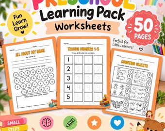 Preschool Learning Pack Worksheets, 50 Page Preschool Printable, Kindergarten Worksheets, Tracing Numbers, Name Writing, Counting & Coloring