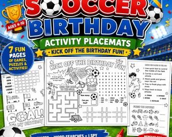 Soccer Birthday Activity Placemats Printable for Kids, Sports Party Games PDF, Soccer Birthday Activities, Printable Birthday Worksheets