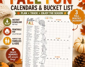 Fall Fun Calendars & Bucket List Printable PDF, Autumn Activity Planner for Families, Kids, Homeschool and Seasonal Fun