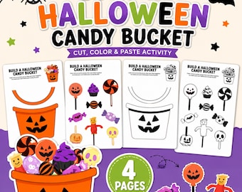 Build a Halloween Candy Bucket Printable | Cut Color Paste Activity for Kids | Halloween Craft | Preschool Kindergarten Activity | 4 Pages