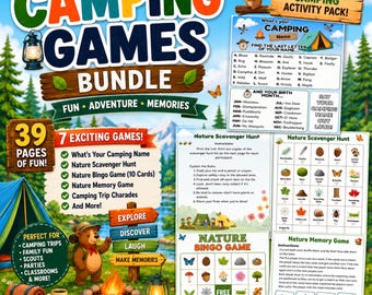 Camping Games Bundle Printable, Nature Scavenger Hunt, Nature Bingo, Memory Game, Camping Charades, Kids Camping PDF