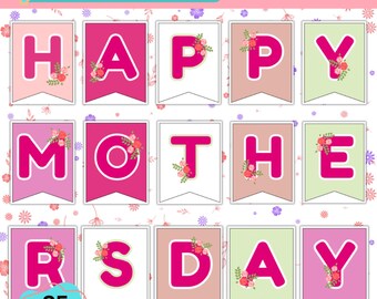 Mother’s Day Crafts Banner Printable, Happy Mothers Day Bunting, DIY Party Decor, Floral Mom Banner, Pink Party Decoration, Instant Download
