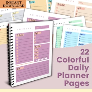 May include: A spiral-bound daily planner with purple and pink pages, featuring sections for to-do lists, meal plans, and notes. The image includes several colorful planner pages with the text "22 Colorful Daily Planner Pages" and "Instant Download".