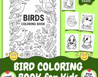 Libro para colorear de pájaros, 43 páginas con dibujos de animales adorables en formato PDF (descarga digital).