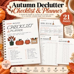 May include: A spiral-bound Autumn Declutter Checklist & Planner with 21 pages. The cover features illustrations of a potted plant, a pumpkin, a sweater, and a donation box. It includes sections for room-by-room planning, inventory, and seasonal goals.