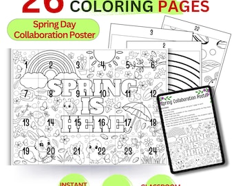 Plakat do druku z okazji Dnia Wiosny, 26 kolorowanek dla uczniów, kolorowanka dla grup klasowych dla dzieci