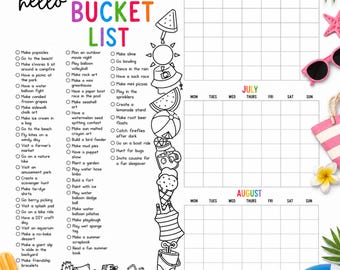 Summer Bucket List & Calendar Printable PDF (Instant Download)