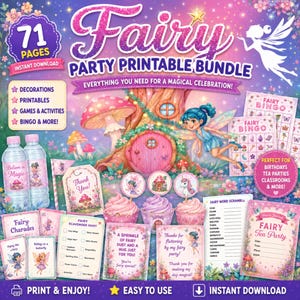 Op de afbeelding: Een printbaar feestpakket voor feeën met 71 pagina's, inclusief decoraties, spellen en bingo. Het ontwerp toont een feeënhuis, cupcakes en een feeënillustratie. De tekst bevat "Direct downloaden" en "Print & Geniet!"
