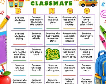 Back to School Classmate Bingo Printable, First Day School Icebreaker, Classroom Community Game, Student Get to Know You Activity