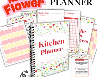 Planer kuchenny do druku, planer posiłków w formacie PDF, lista zakupów, organizer przepisów, menu miesięczne i tygodniowe, inwentarz kuchenny, kwiaty