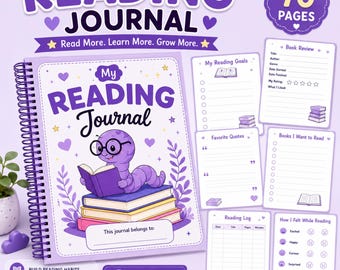 Purple Reading Journal Planner Printable PDF, 70 Page Book Tracker & Reading Log for Kids, Students, Teachers and Book Lovers