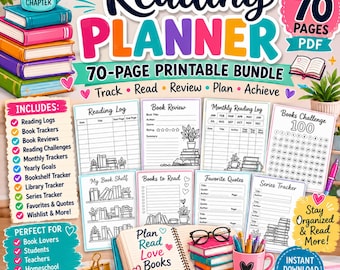 Reading Planner Printable Bundle, Reading Journal Tracker, Book Review & Reading Challenge, 70 Page PDF for Book Lovers