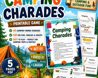 Camping Charades Printable Game, Family Camping Activity, Outdoor Party Game, Kids Campfire Fun, 5 Page PDF Download