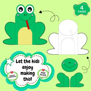May include: A green frog craft template with a yellow belly and red tongue. The image includes a cloud-shaped graphic with the text "Let the kids enjoy making this!" and the words "Instant Download" and "PDF Files". The image also shows a "4 pages" graphic.