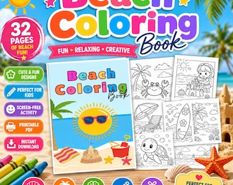 Beach Coloring Book Printable PDF for Kids | 32 Beach-Themed Coloring Pages | Summer Coloring Activity Book (Instant Download)