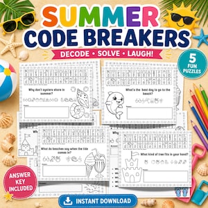 May include: A set of Summer Code Breakers activity sheets featuring five fun puzzles with letter-to-icon decoders, jokes, and coloring elements. The pages include illustrations of seashells, a dolphin, a sandcastle, and ice cream treats.