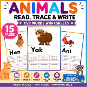 May include: Educational worksheets titled ANIMALS READ, TRACE & WRITE CVC WORDS WORKSHEETS featuring 15 pages. The sheets include illustrations of a hen, yak, and ant with sections to read, trace, and write the words. Includes icons for reading, tracing, and writing.