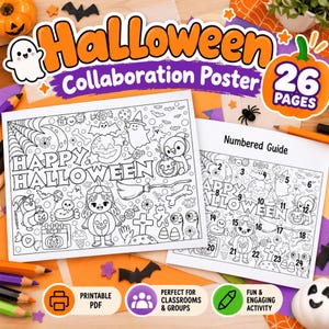 May include: A Halloween collaboration poster set featuring 26 pages of black and white coloring sheets. The main poster displays a Happy Halloween design with ghosts, pumpkins, candy, and a numbered guide for assembly.