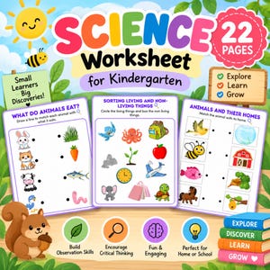 Könnte beinhalten: Ein buntes Set an Arbeitsblättern für den Kindergarten mit 22 Seiten voller Lernaktivitäten. Das Deckblatt zeigt drei Beispielseiten mit Zuordnungsaufgaben, ein Eichhörnchen, eine Sonne und eine Biene. Der Text umfasst Science Worksheet for Kindergarten, Small Learners Big Discoveries sowie Explore, Learn, Grow.
