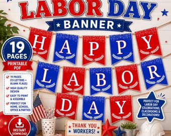 Happy Labor Day Banner Printable, Labor Day Decorations, Patriotic Party Banner, Labor Day Party Decor, Instant Download PDF